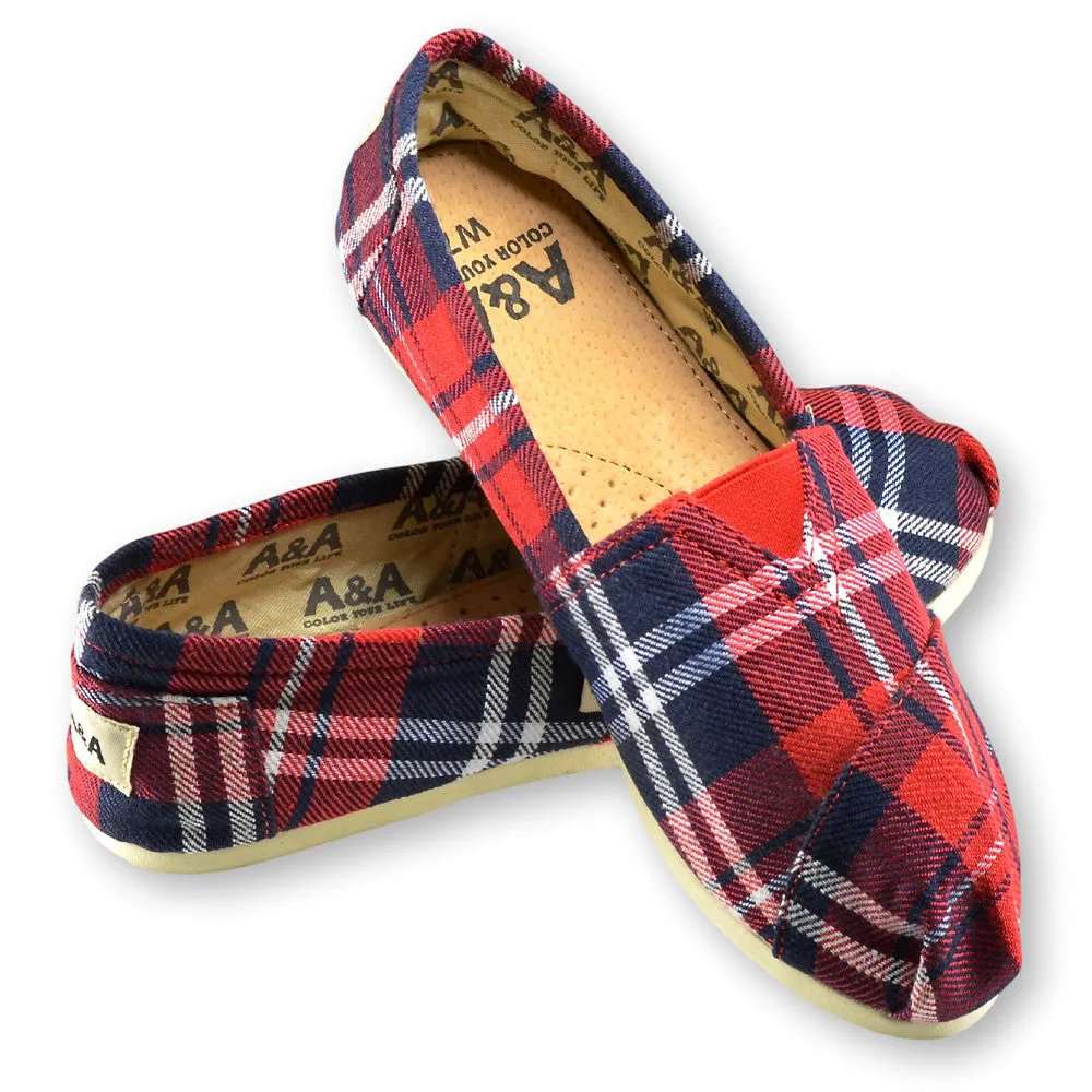 Flannel Red and Blue Canvas Slip On Shoes for Women