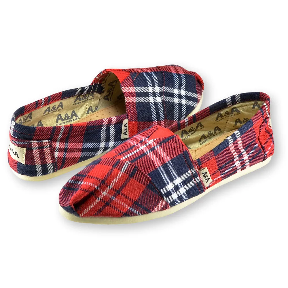 Flannel Red and Blue Canvas Slip On Shoes for Women