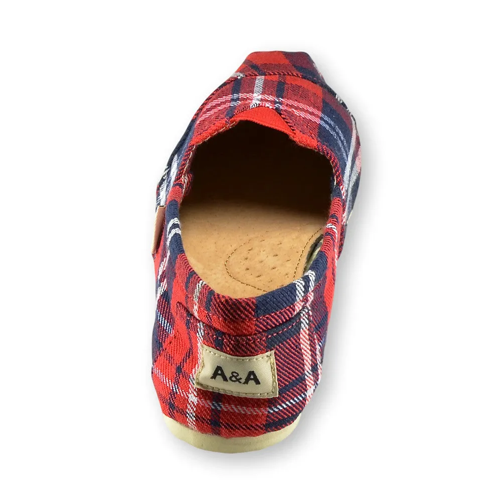 Flannel Red and Blue Canvas Slip On Shoes for Women