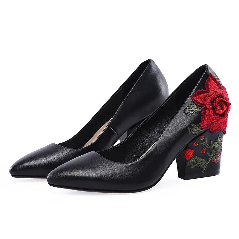 Floral Embroidered Chunky High Heel Shoes