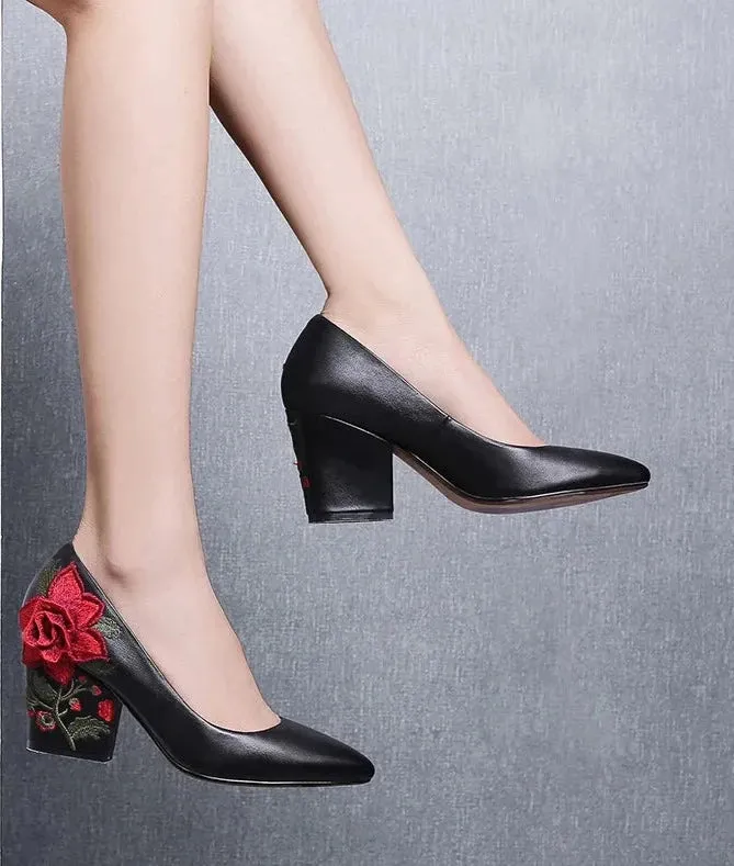 Floral Embroidered Chunky High Heel Shoes