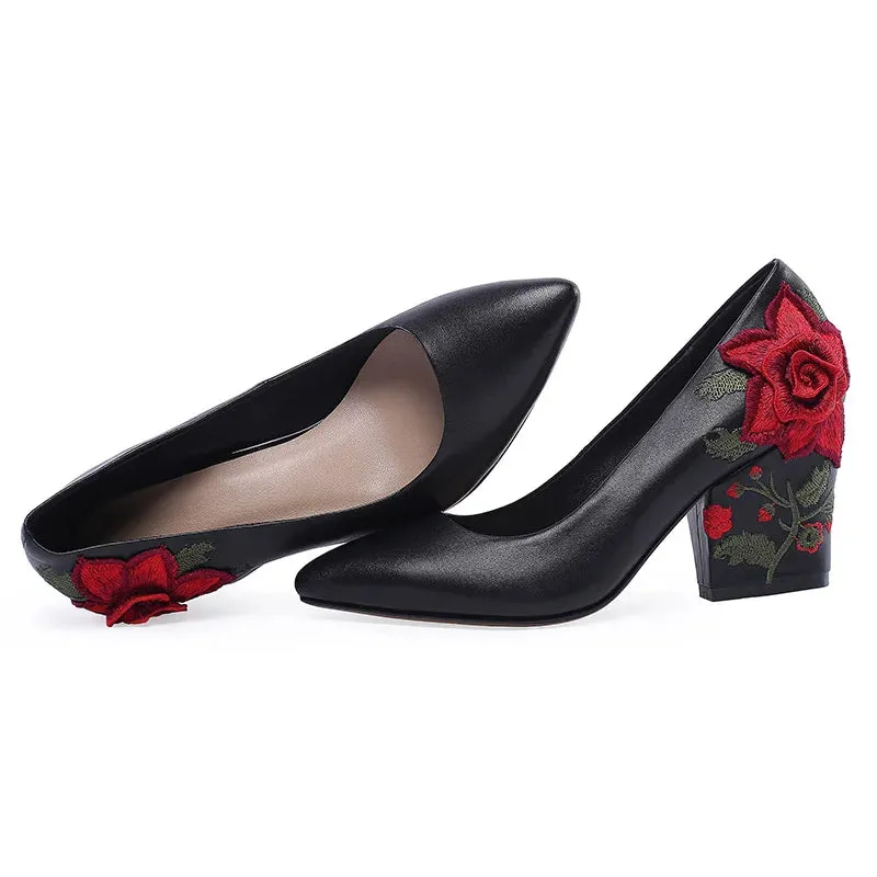 Floral Embroidered Chunky High Heel Shoes