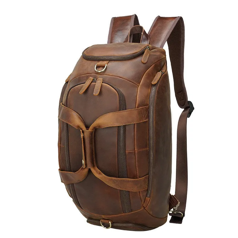 Full Grain Leather Backpack Convertible Duffel Bag with Shoe Pouch