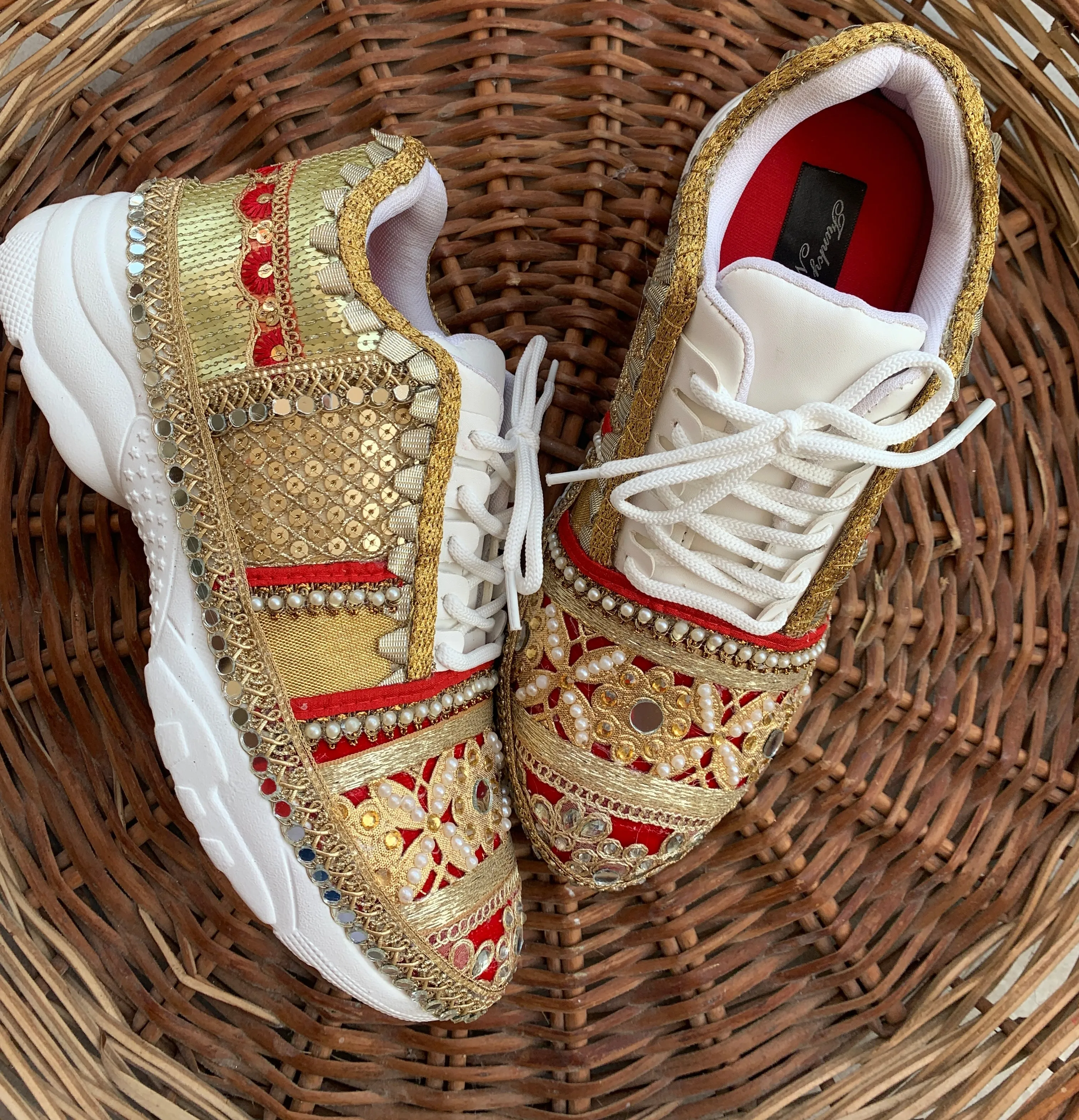 FUNKY N TRENDY red and gold sneakers for brides /bridesmaids / sneakers for bridesmaids/ handcrafted sneakers/ gold sneakers / bridal sneakers / bridesmaid sneakers/ gold sneakers / red shoes