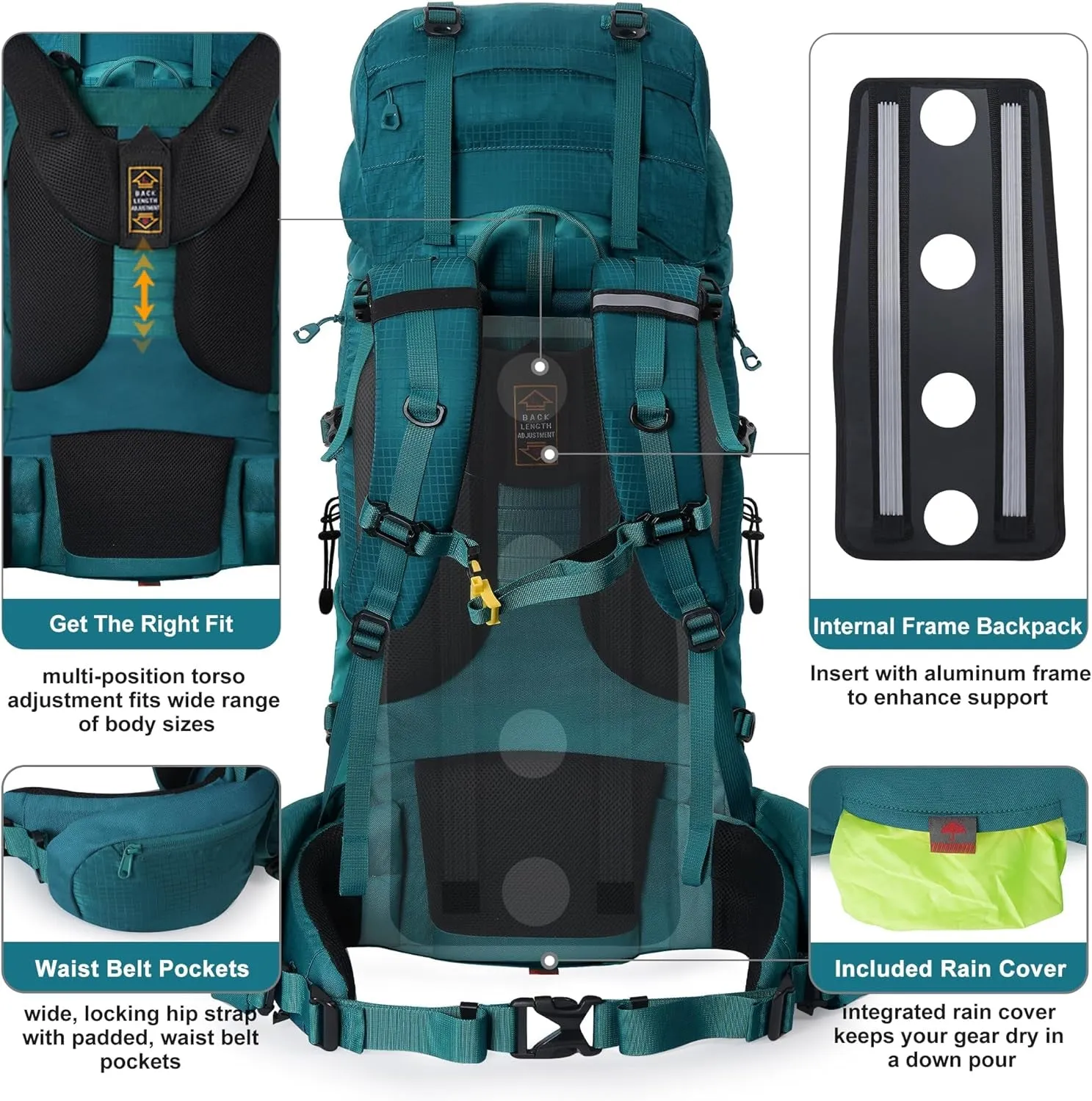 Internal Frame Hiking Backpack 50/60/65/70/80L, Waterproof Rain Cover