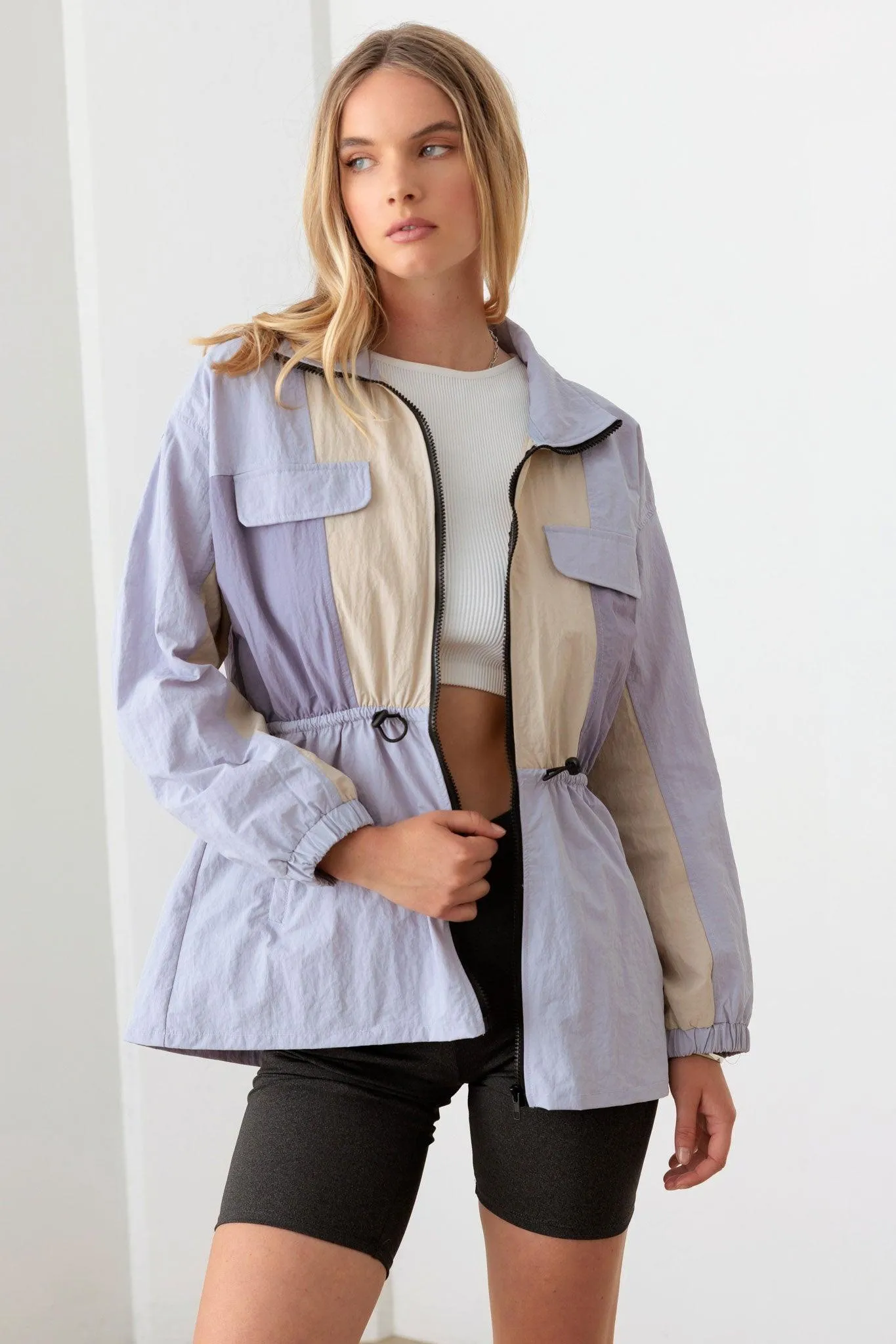 Lavender Color Block Collared Wind Breaker Jacket