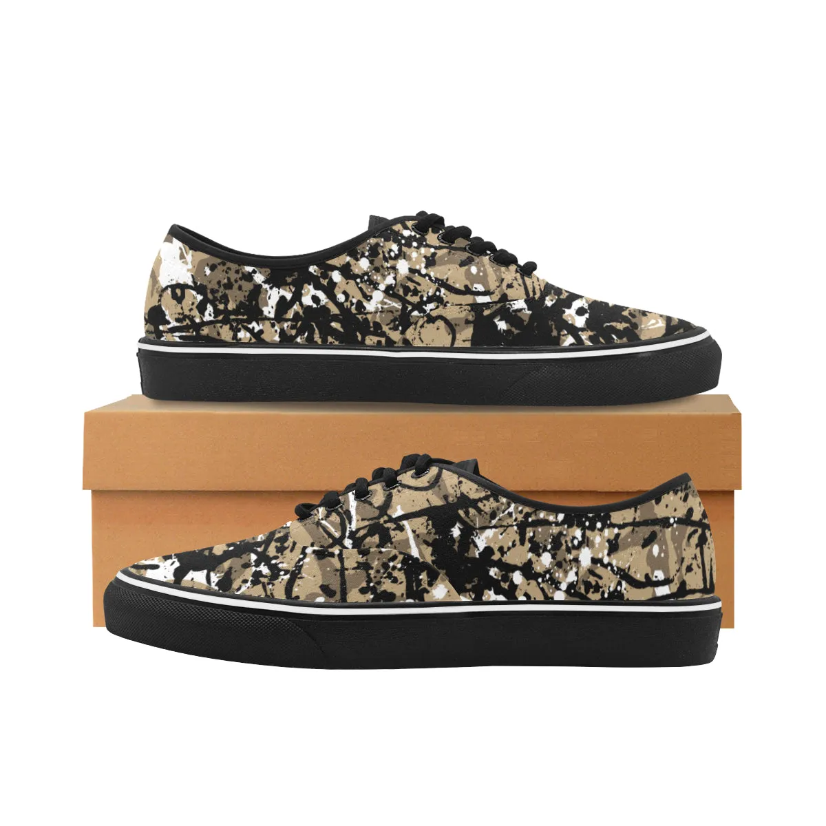 Men's Coffee Colored Paint Splatter Print Canvas Low Top Shoes