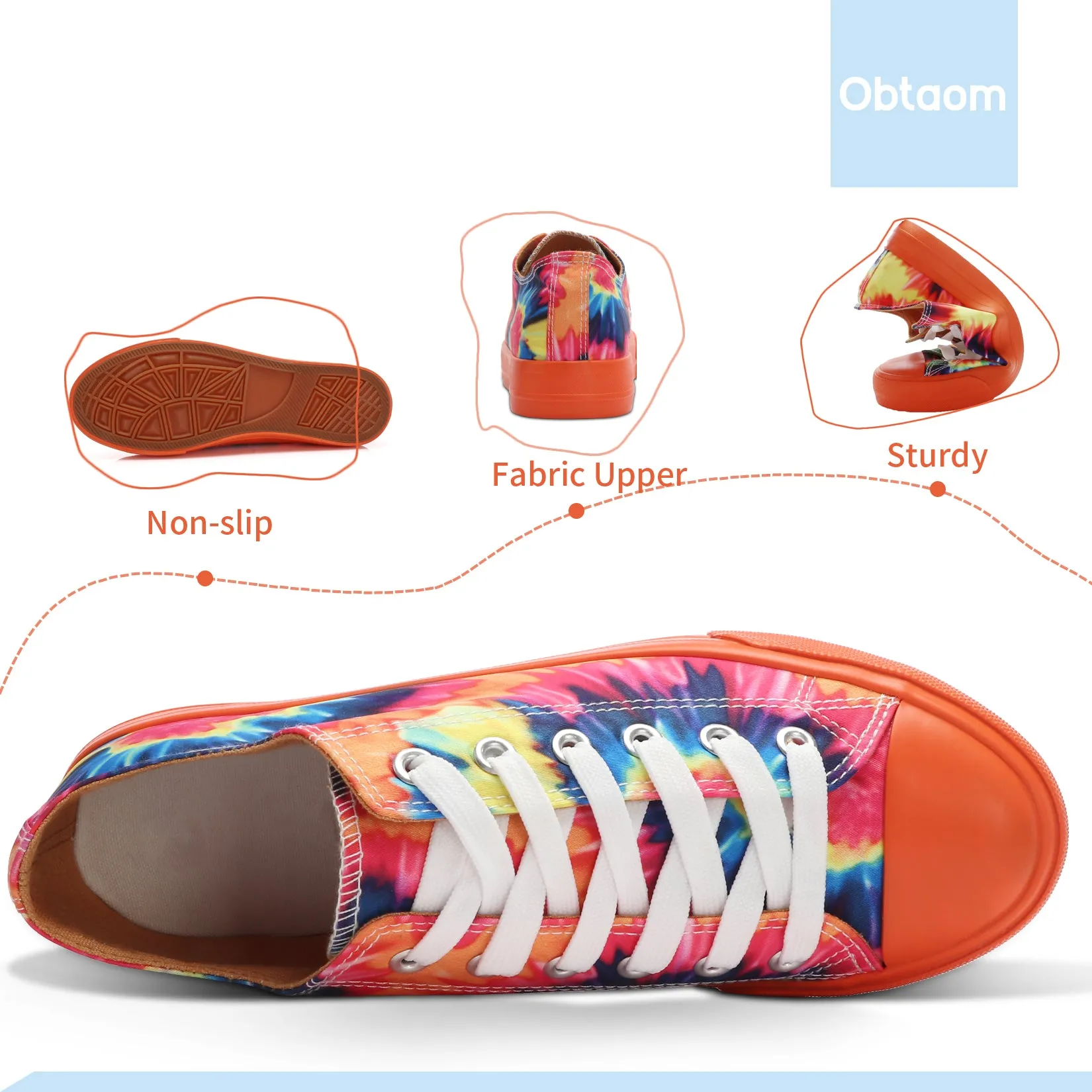 Obtaom Womens Rainbow Canvas Sneakers Orange Multi Tennis Shoes for Lady Tie Dye Shoes for Women Sun Set Fashion Sneakers