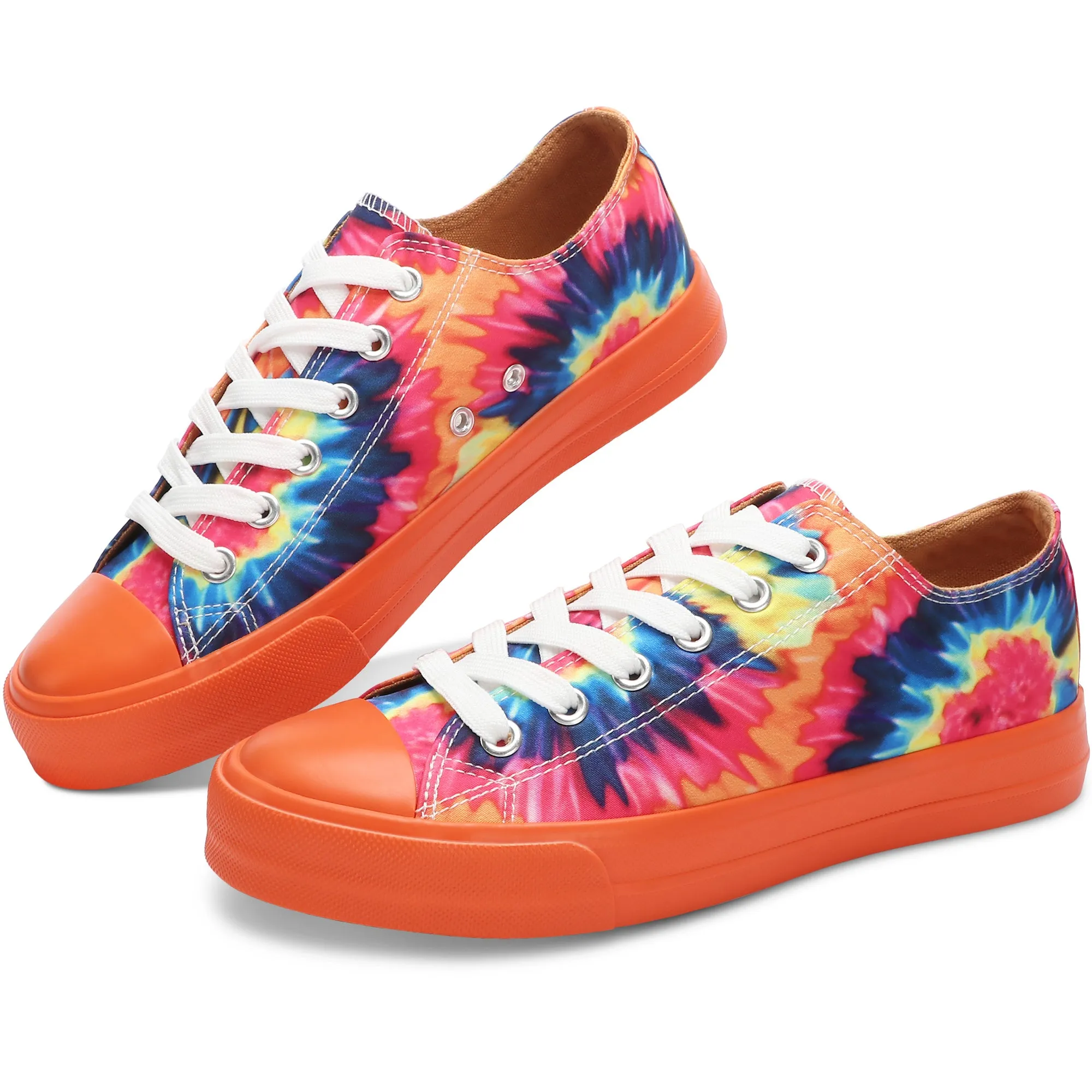 Obtaom Womens Rainbow Canvas Sneakers Orange Multi Tennis Shoes for Lady Tie Dye Shoes for Women Sun Set Fashion Sneakers