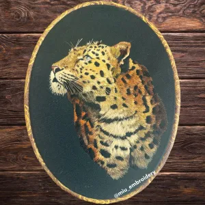 Original Thread Painting - Leopard on Black Canvas 12*8”hoop