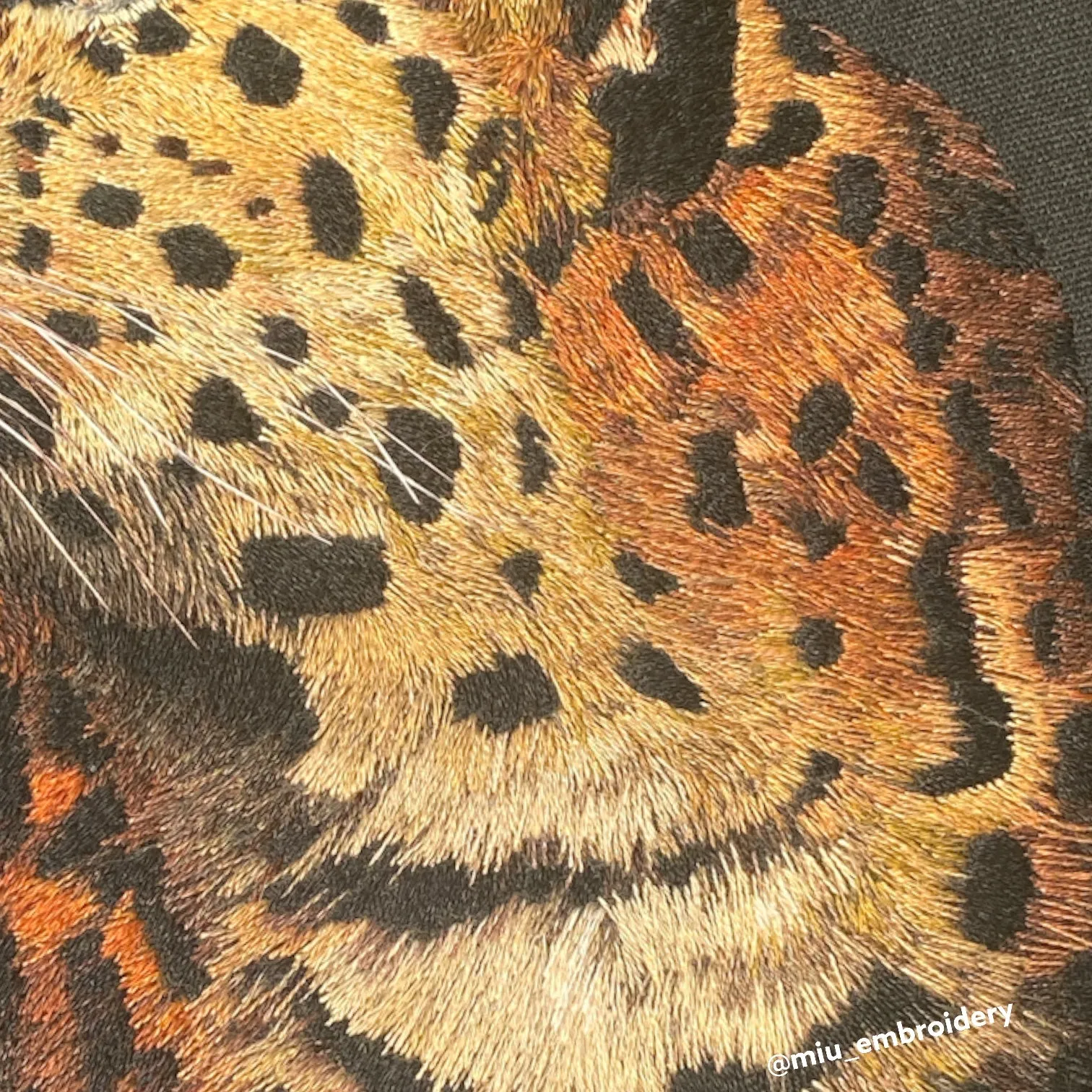 Original Thread Painting - Leopard on Black Canvas 12*8”hoop