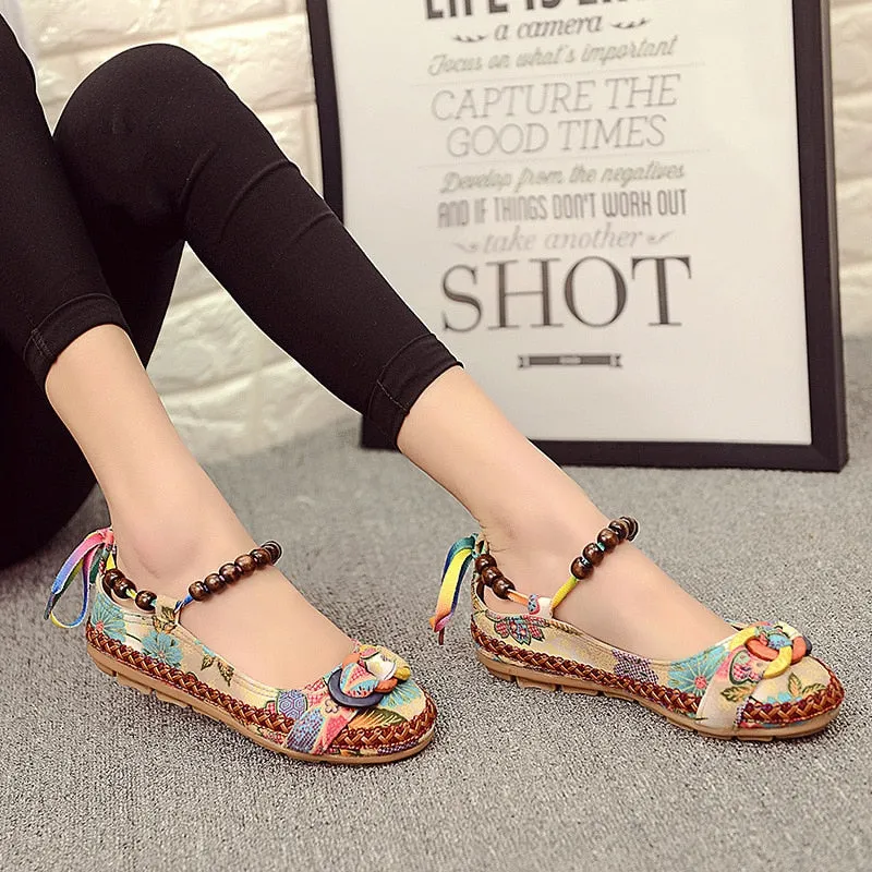 Plus Size Casual Flat Shoes Women Flats Beaded Ankle Straps Loafers Retro Ethnic Embroidered