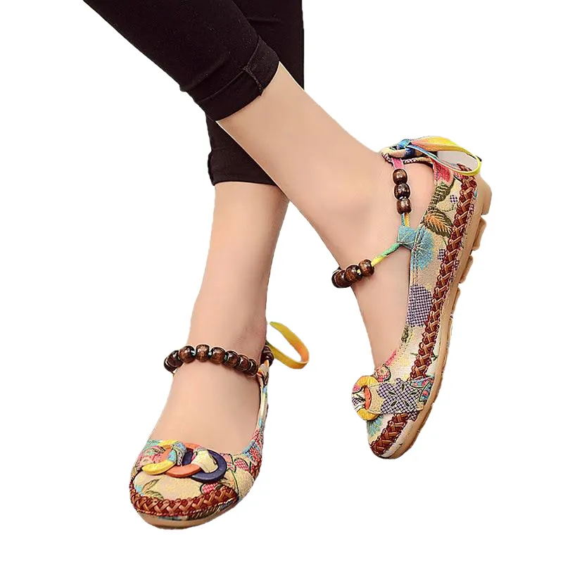 Plus Size Casual Flat Shoes Women Flats Beaded Ankle Straps Loafers Retro Ethnic Embroidered