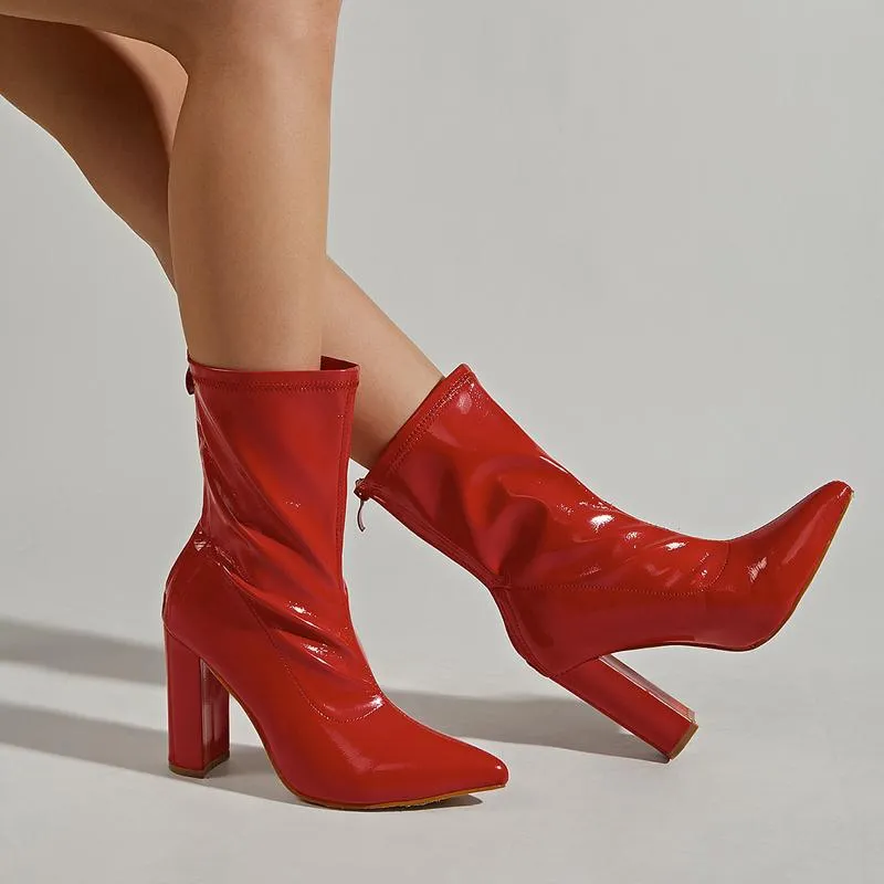 Pointed Toe Thick Heel Red Boots