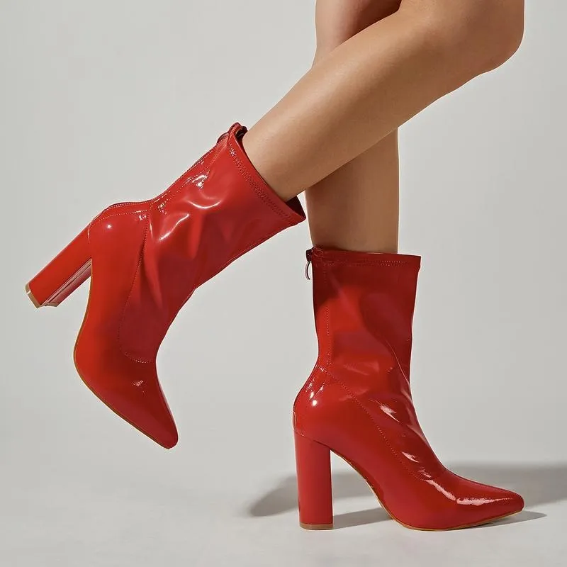 Pointed Toe Thick Heel Red Boots