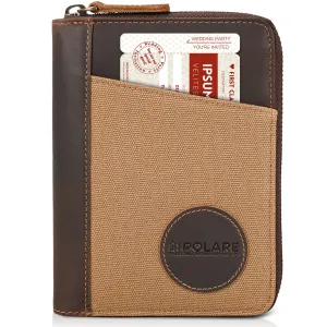 Polare Full Grain Leather Canvas Trim Dual Passport Wallet and RFID Blocking Bifold Passport Cover Travel Document Organizer Holder 2 Passports