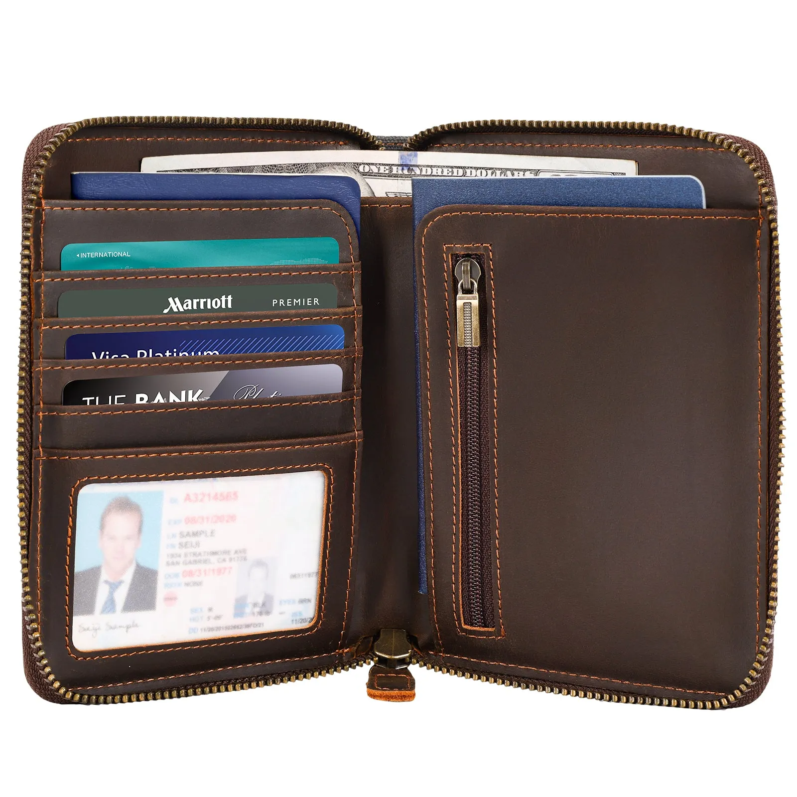 Polare Full Grain Leather Canvas Trim Travel Passport Wallet with YKK Zipper and RFID Blocking Document Organizer Holder 2 Passports (Brown/Camo Brown)