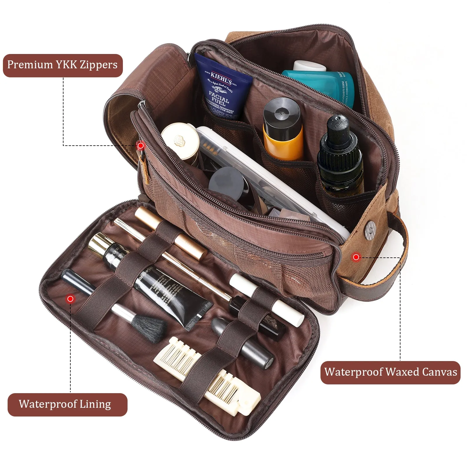 Polare Waxed Canvas Cowhide Leather Waterproof Travel Toiletry Bag Dopp Kit Large Cosmetic Travel Case Shaving Kit Wash with YKK Zippers