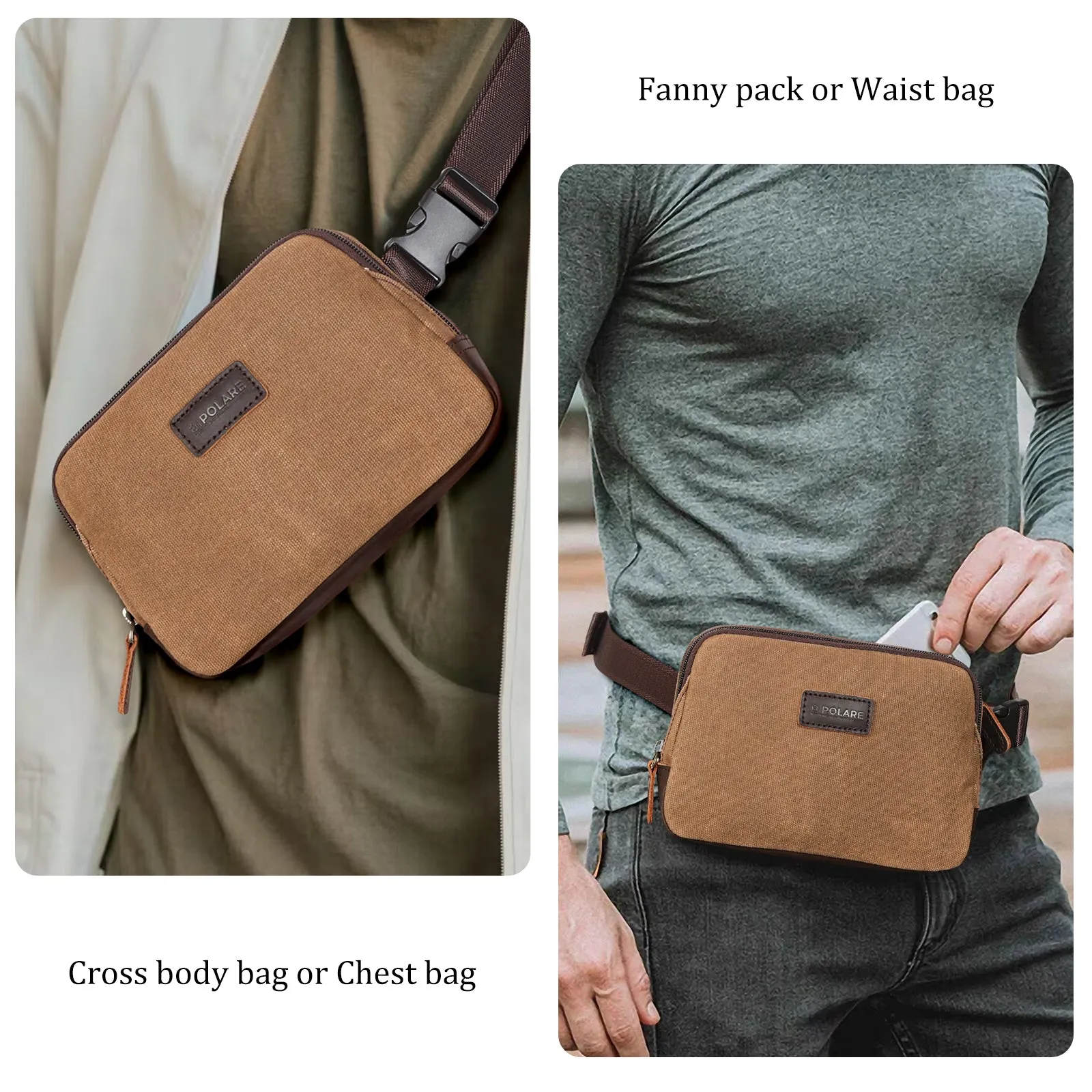 Polare Waxed Canvas Full Grain Leather Trim Belt bag Vintage Fanny pack Crossbody Waist Bag with YKK Zipper for Men and Women