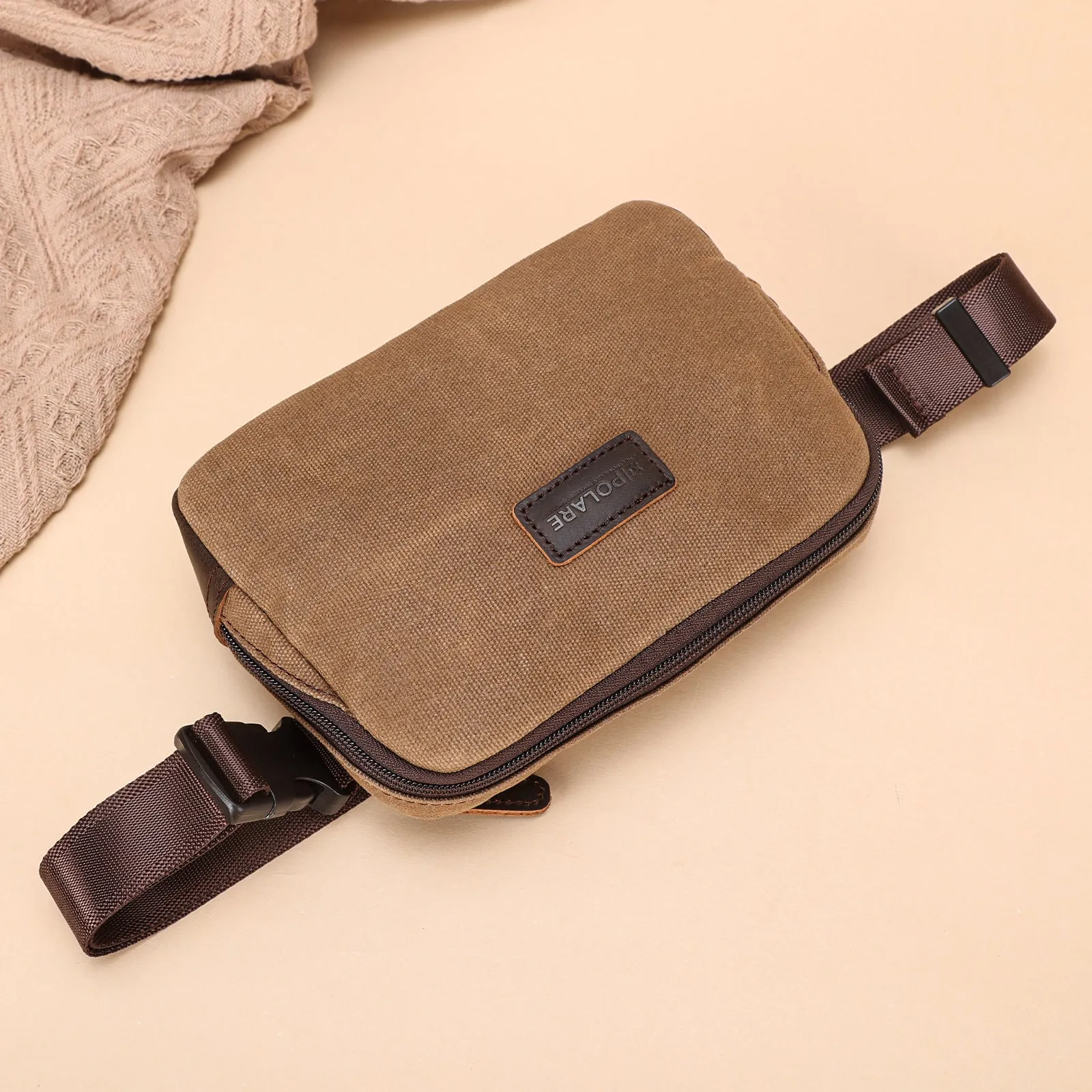 Polare Waxed Canvas Full Grain Leather Trim Belt bag Vintage Fanny pack Crossbody Waist Bag with YKK Zipper for Men and Women