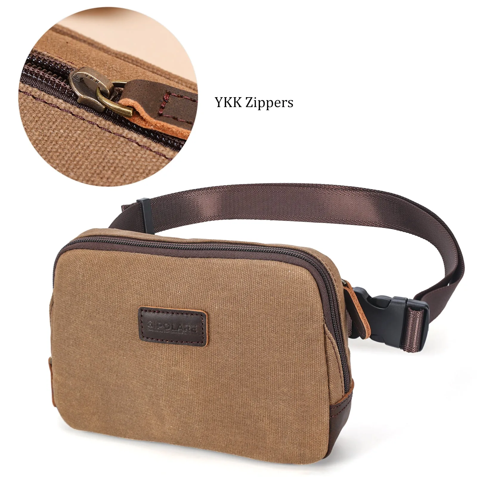 Polare Waxed Canvas Full Grain Leather Trim Belt bag Vintage Fanny pack Crossbody Waist Bag with YKK Zipper for Men and Women