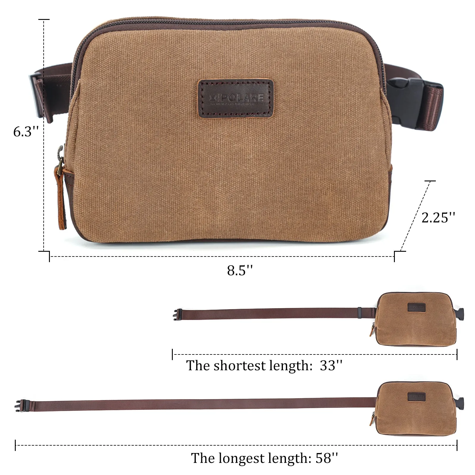 Polare Waxed Canvas Full Grain Leather Trim Belt bag Vintage Fanny pack Crossbody Waist Bag with YKK Zipper for Men and Women