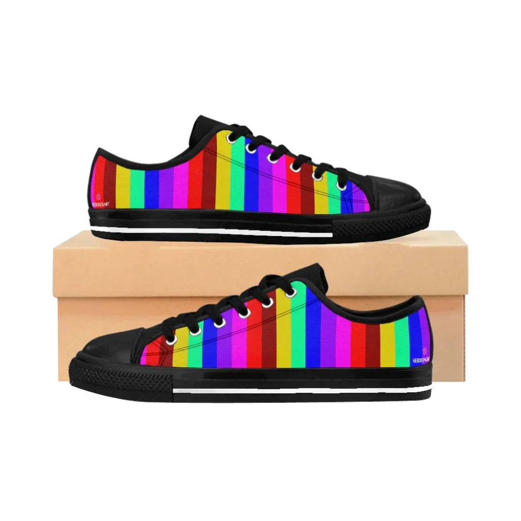 Rainbow Striped Print Women's Sneakers, Gay Pride Vertical Striped Ladies' Tennis Shoes Low Tops