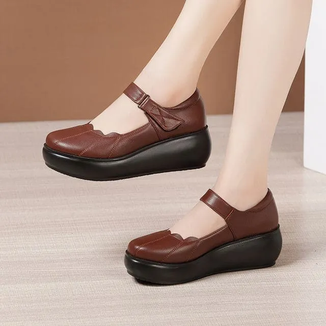 Round Toe Thick Bottom Women Leather Shoes