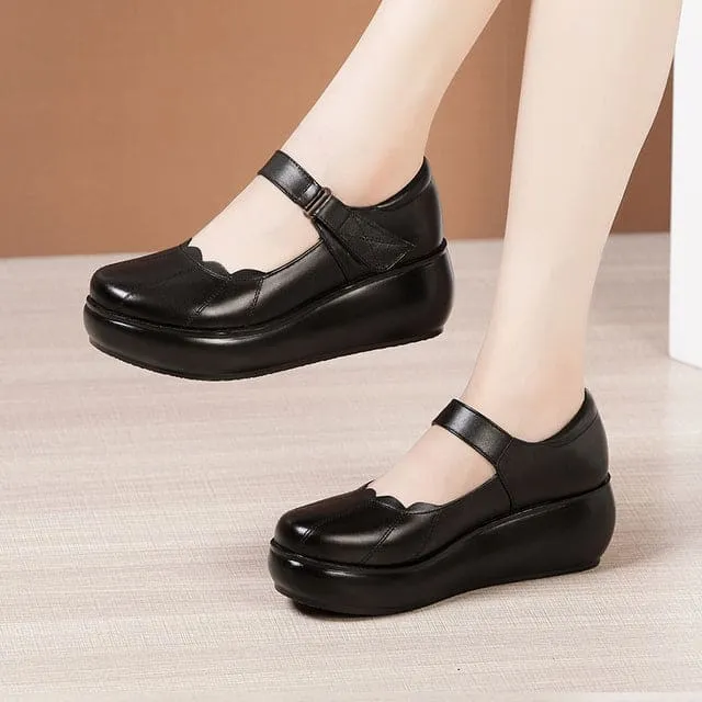 Round Toe Thick Bottom Women Leather Shoes