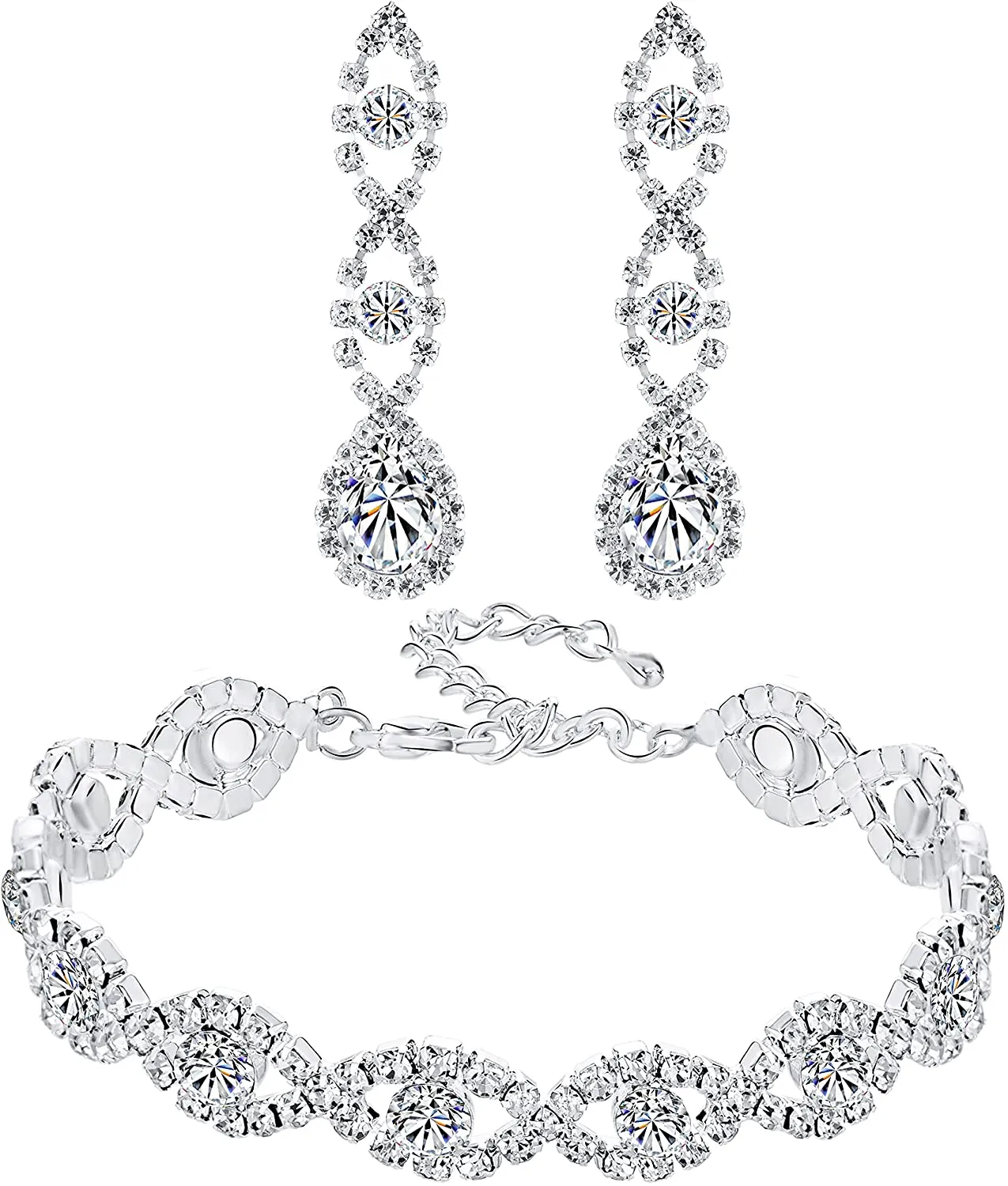 Silver Plated Clear Rhinestone Crystal Tennis Bracelet and Earrings Set