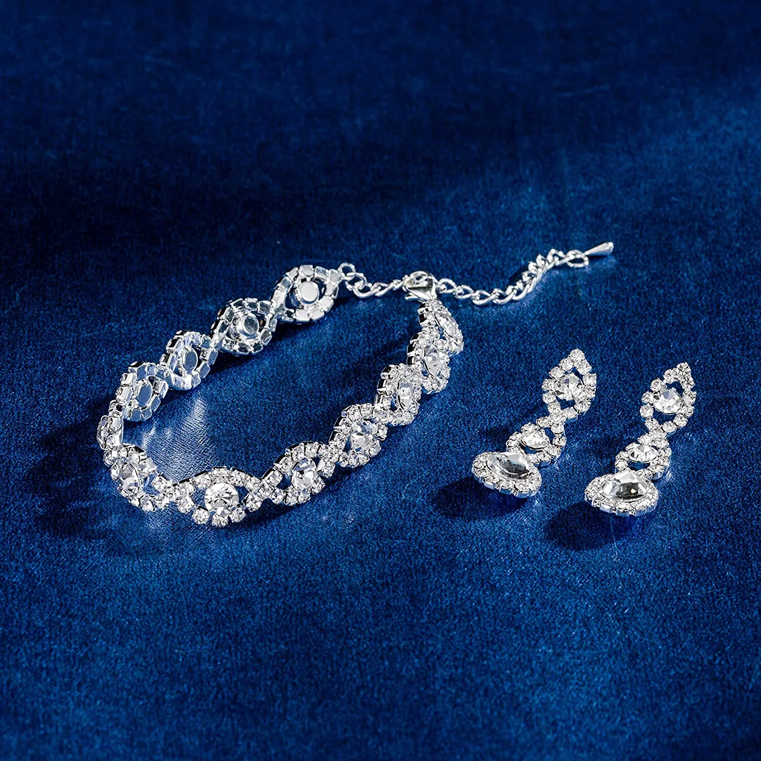 Silver Plated Clear Rhinestone Crystal Tennis Bracelet and Earrings Set