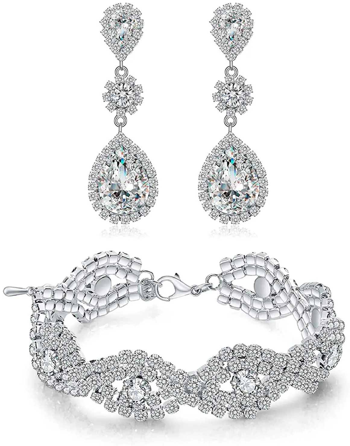 Silver Plated Clear Rhinestone Crystal Tennis Bracelet and Earrings Set