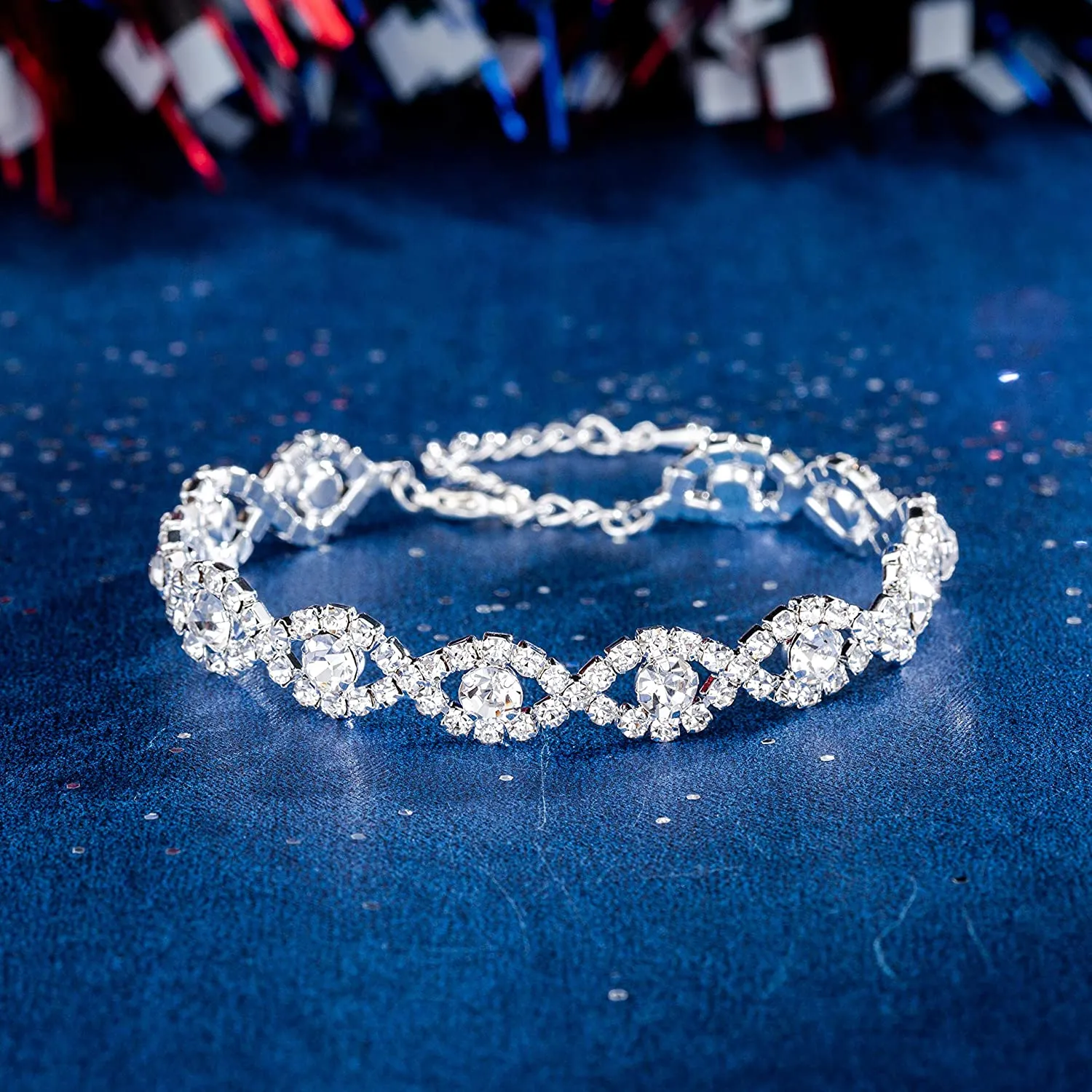 Silver Plated Clear Rhinestone Crystal Tennis Bracelet and Earrings Set