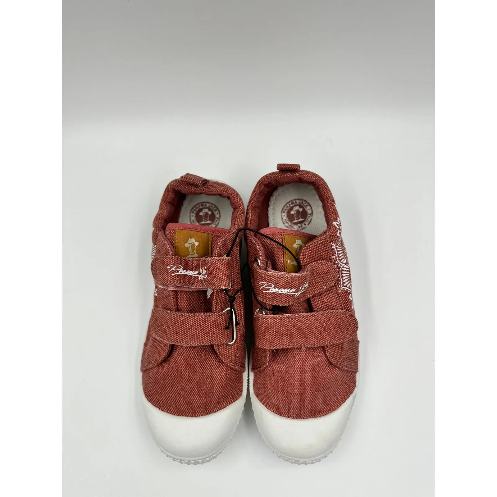 Small Kid Size 4, Red/Brown Canvas Fashion Sneaker with Straps and Flower Design