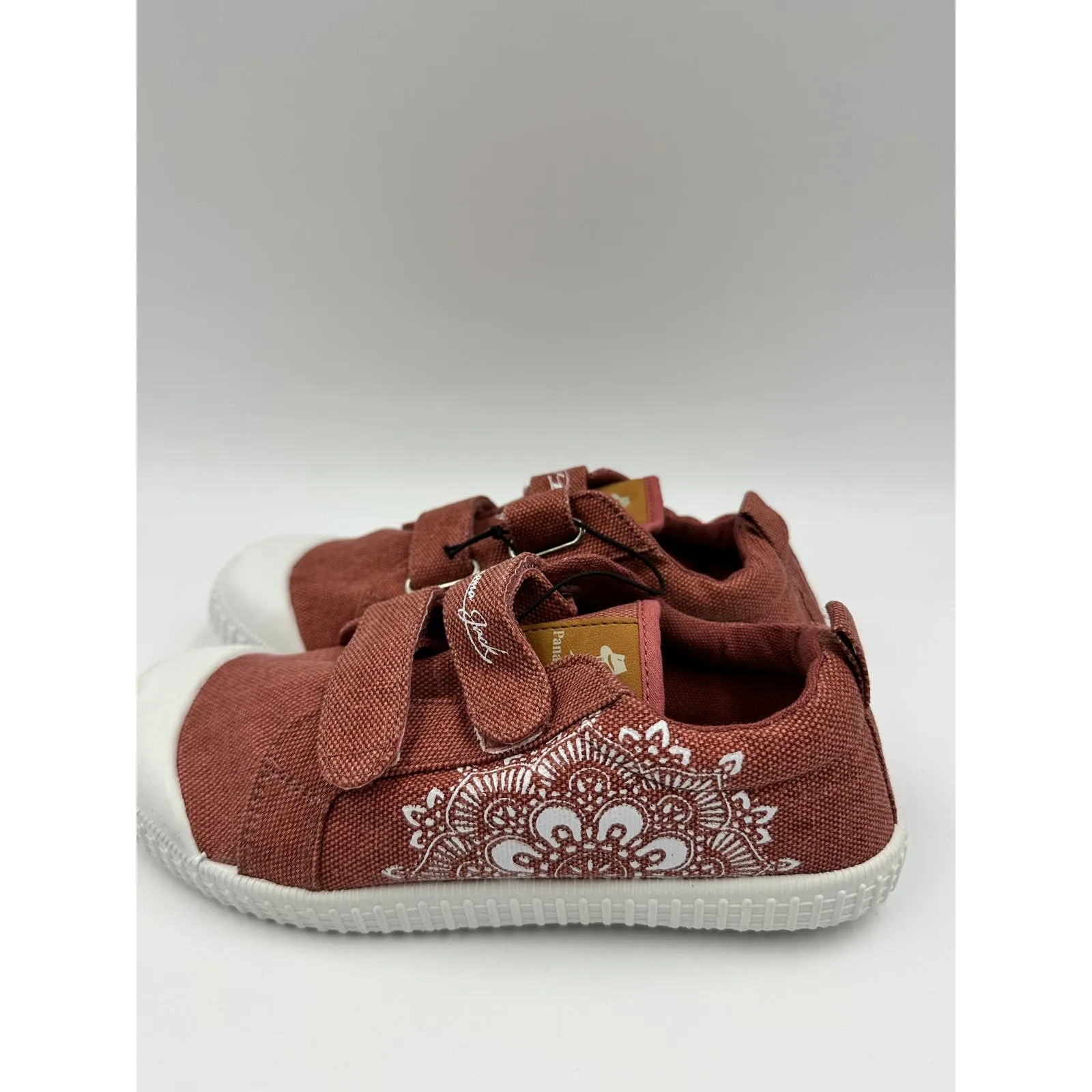 Small Kid Size 4, Red/Brown Canvas Fashion Sneaker with Straps and Flower Design