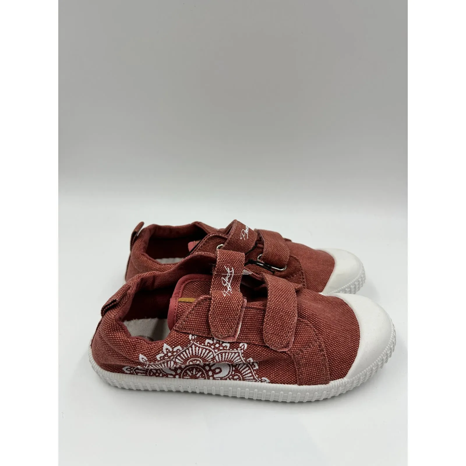 Small Kid Size 4, Red/Brown Canvas Fashion Sneaker with Straps and Flower Design