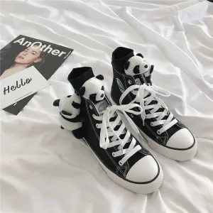 Sohiwoo Panda black autumn and winter plus velvet high-top canvas shoes women Lolita sweet lolita shoes kawaii girl tea party princess