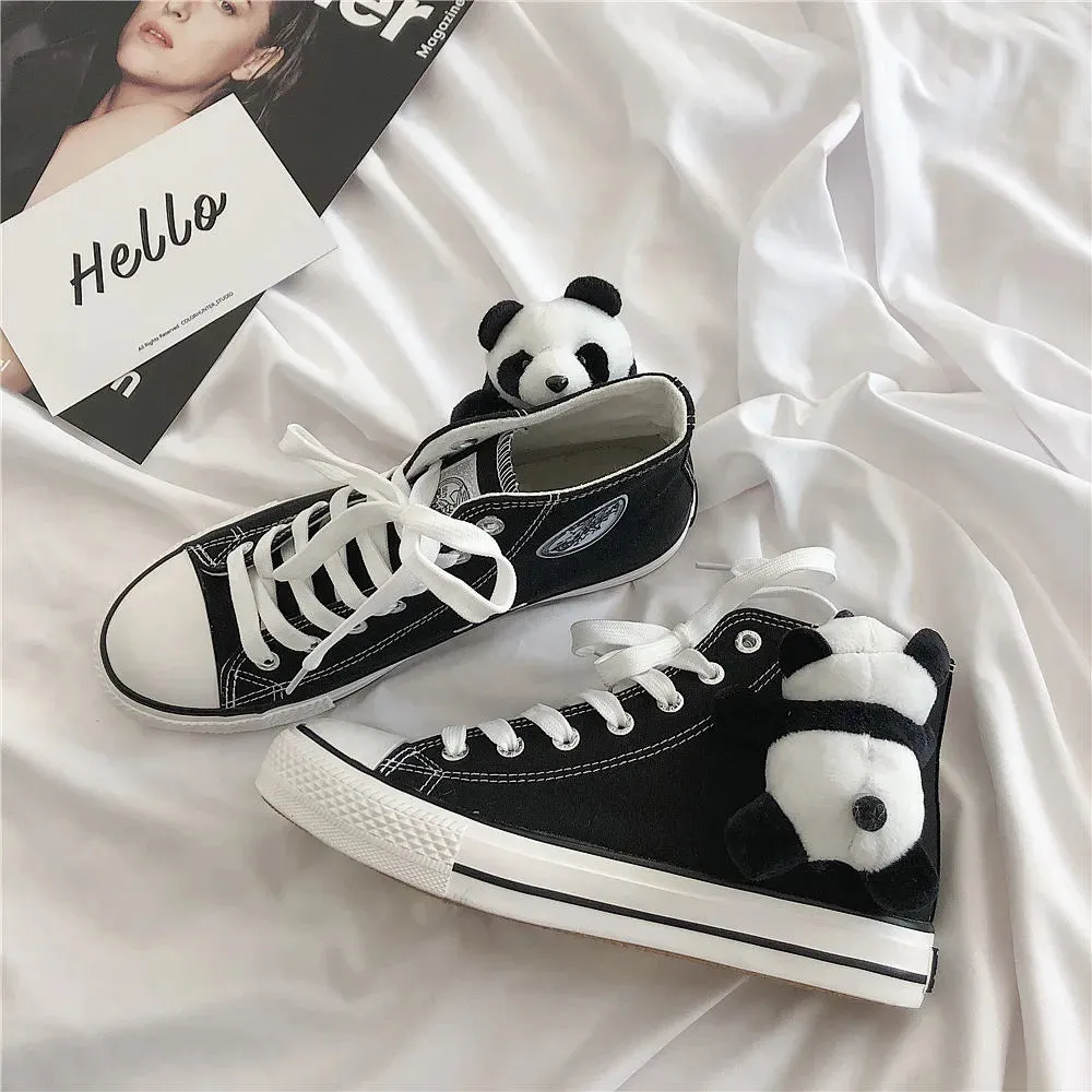 Sohiwoo Panda black autumn and winter plus velvet high-top canvas shoes women Lolita sweet lolita shoes kawaii girl tea party princess