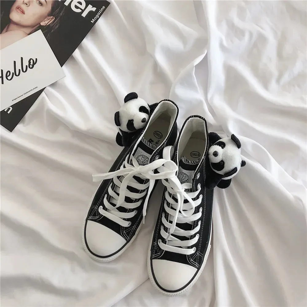 Sohiwoo Panda black autumn and winter plus velvet high-top canvas shoes women Lolita sweet lolita shoes kawaii girl tea party princess