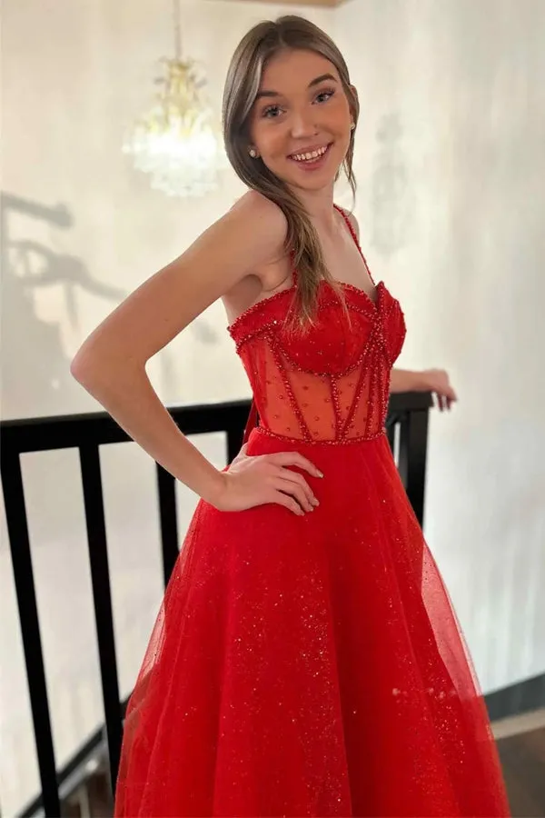 Straps Beaded A-Line Sparkly Red Prom Dress with Split  PSK503