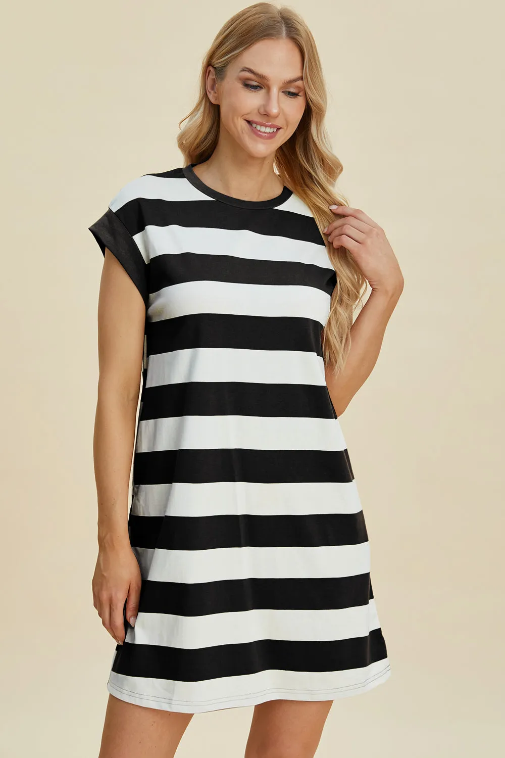 Striped Cap Sleeve Dress With Pockets- 3 Colors