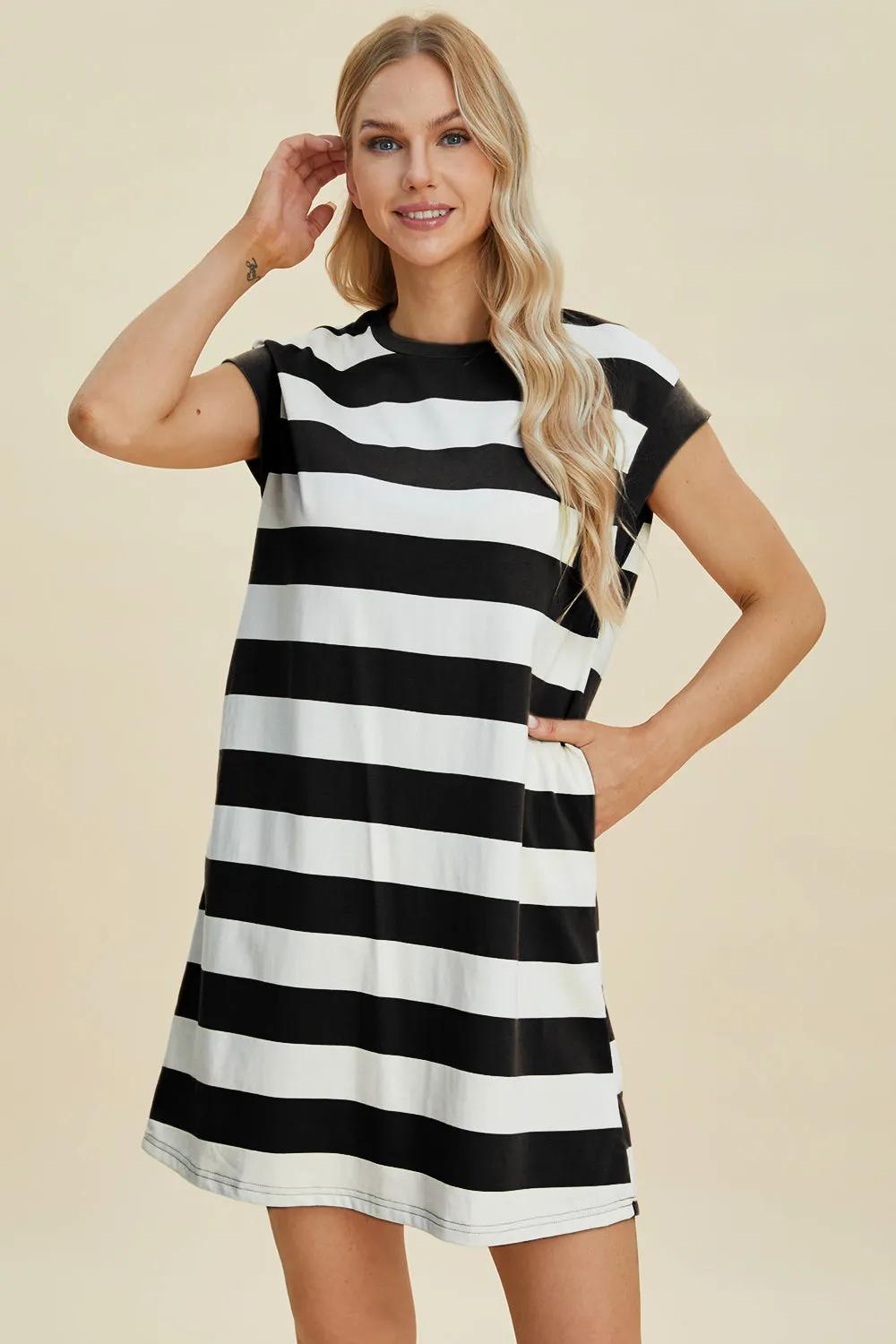 Striped Cap Sleeve Dress With Pockets- 3 Colors