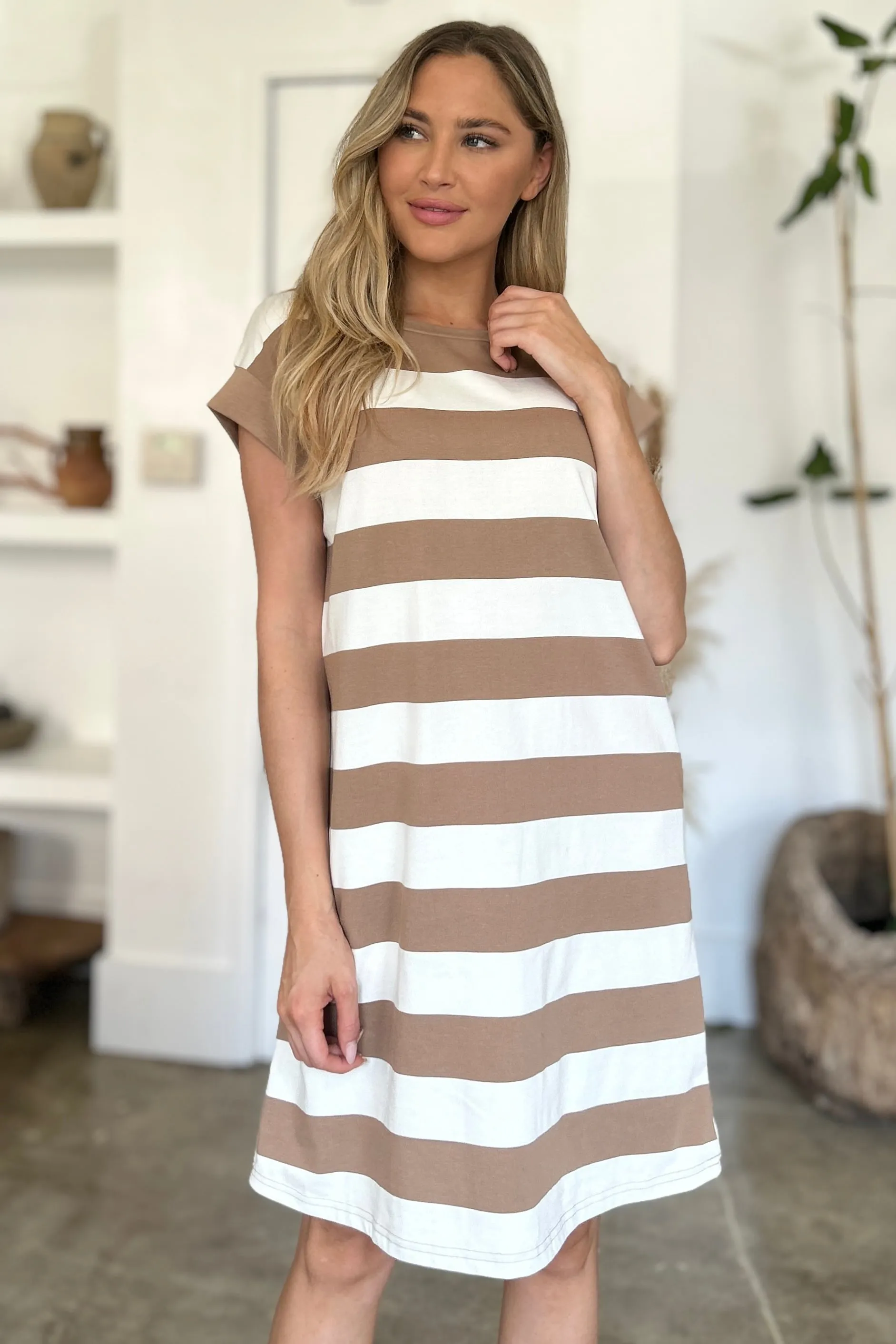 Striped Cap Sleeve Dress With Pockets- 3 Colors