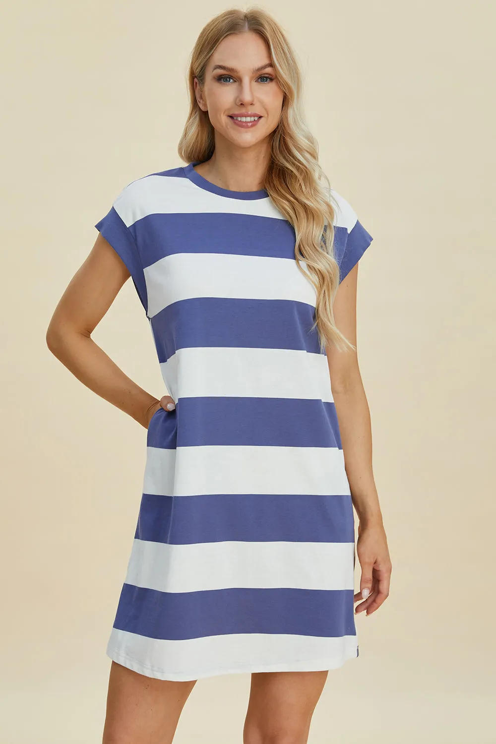 Striped Cap Sleeve Dress With Pockets- 3 Colors