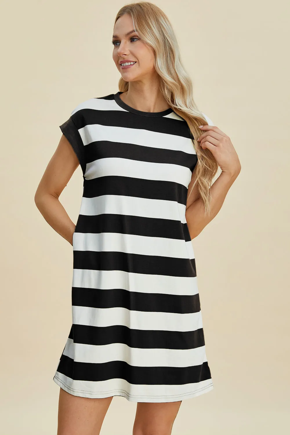 Striped Cap Sleeve Dress With Pockets- 3 Colors