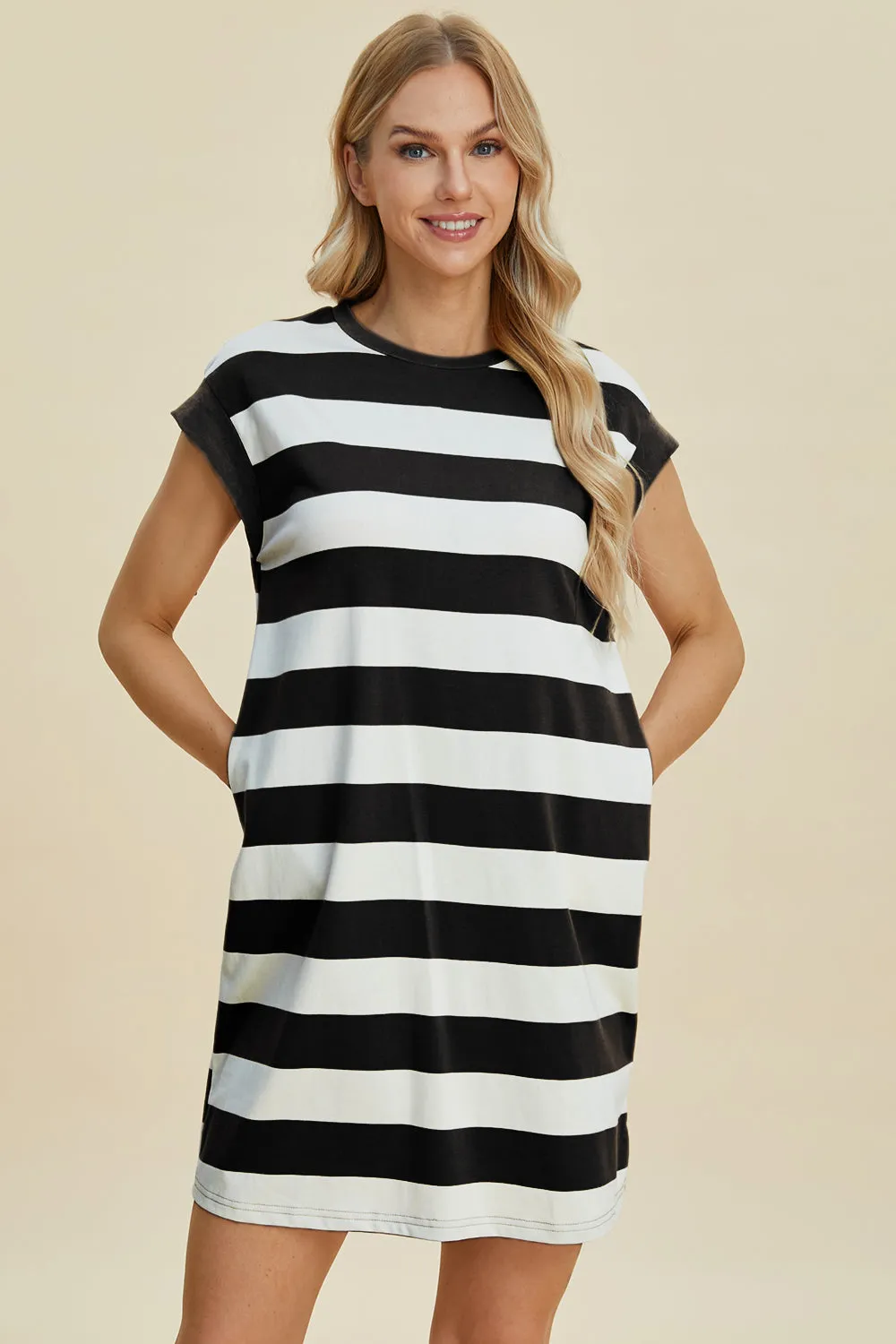 Striped Cap Sleeve Dress With Pockets- 3 Colors