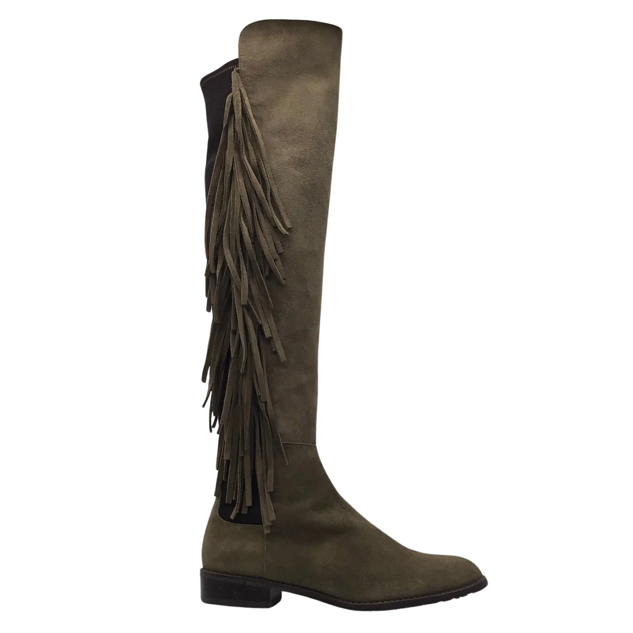 Stuart Weitzman Olive Green / Black Fringed Pull-On Knee-High Suede Leather Boots