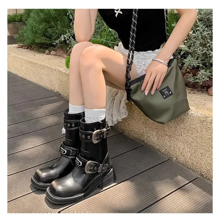 TAVIMART  -  Fashionable Square Head Maillard Western Cowboy Spicy Girl Style Thick Soled Boots Motorcycle Short Boots Pile Up Boots