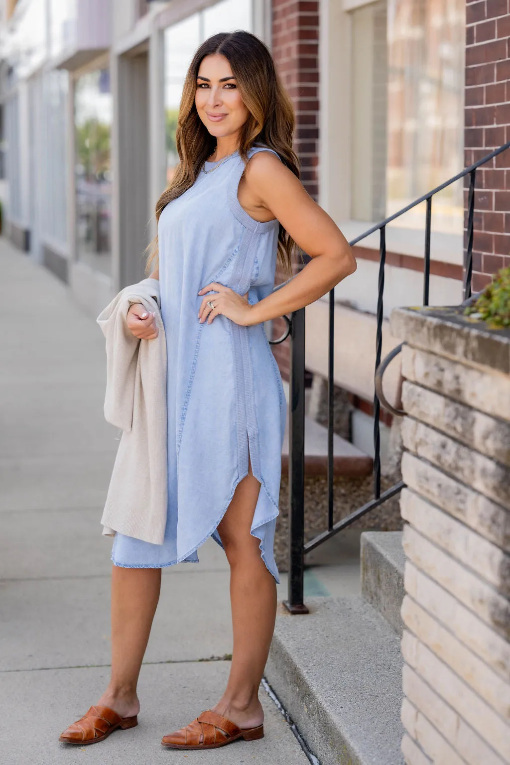 Thermal Accented Denim Midi Dress