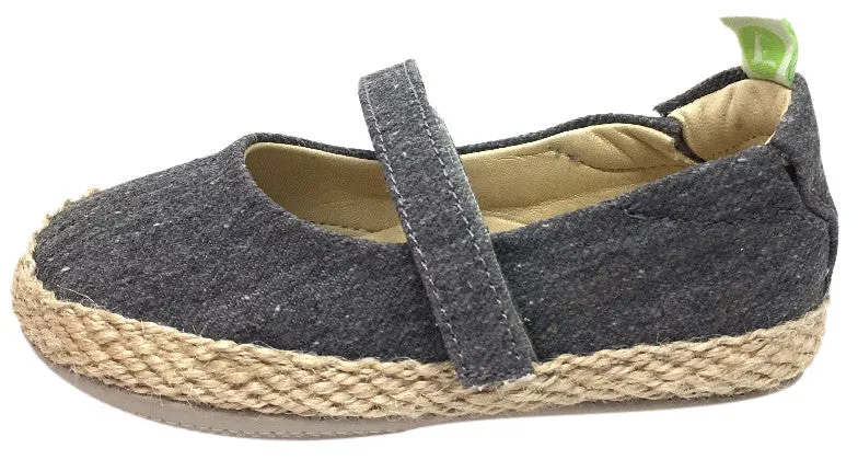 Tip Toey Joey Girl's Sambaky Grey Canvas Beeswax Embroidered Honey Bee Hook and Loop Mary Jane Flat